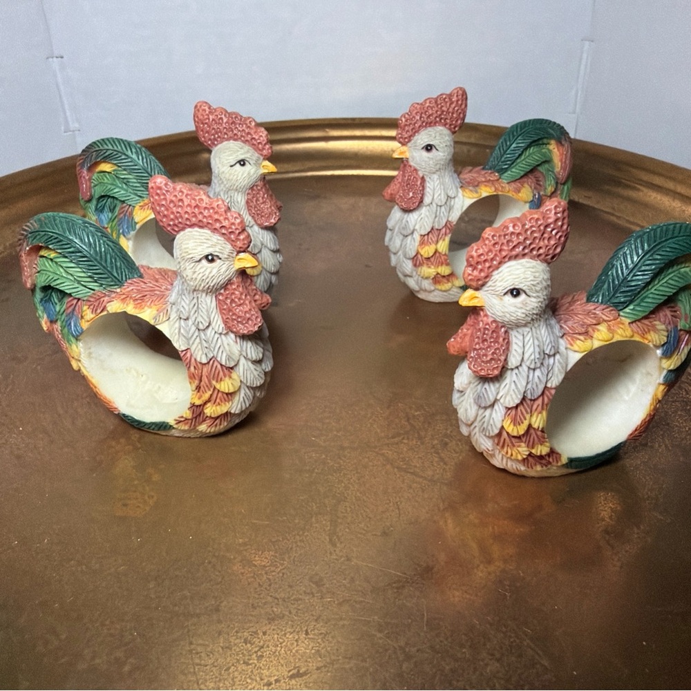 Set of 4 Colorful Ceramic Rooster Napkin Rings